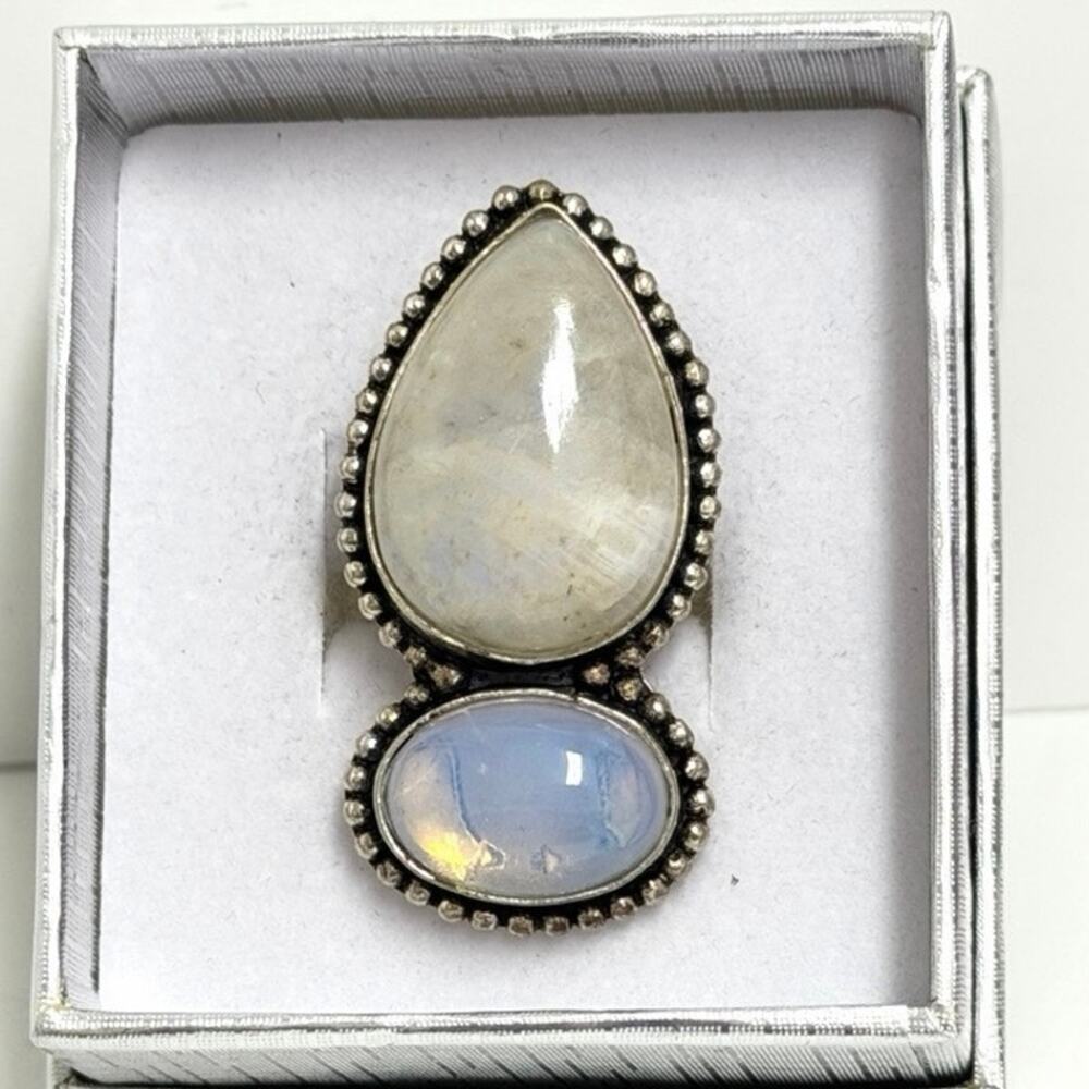 Hand Crafted Milky Quartz & Moonstone Ring Silver Plated‎ Size 7.5 Gift Boxed